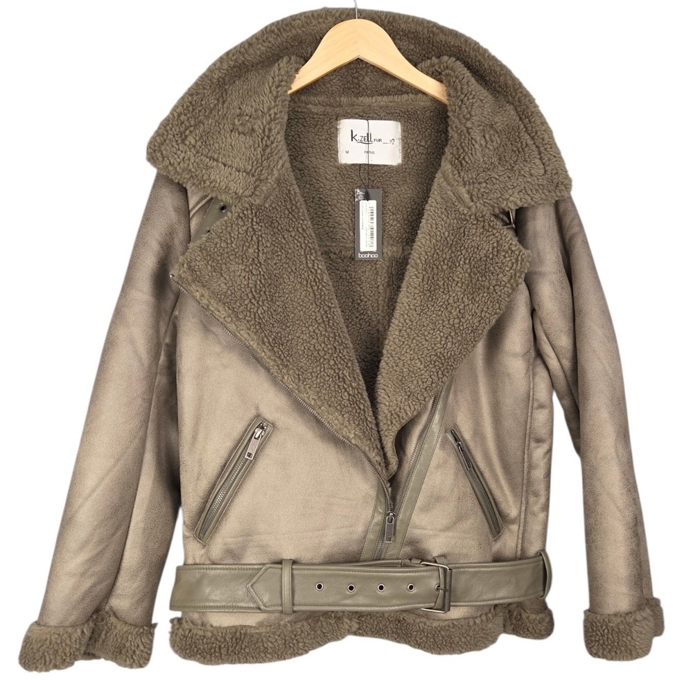 Aviator Jacket Women Medium Khaki Olive Faux Fur Shearling Sherpa Biker NEW
